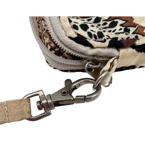 Mini Purse Wallet Satin Quilted Brown Leaf Cheetah Handle Zip 7" x 3.5" Divider - Picture 5 of 8